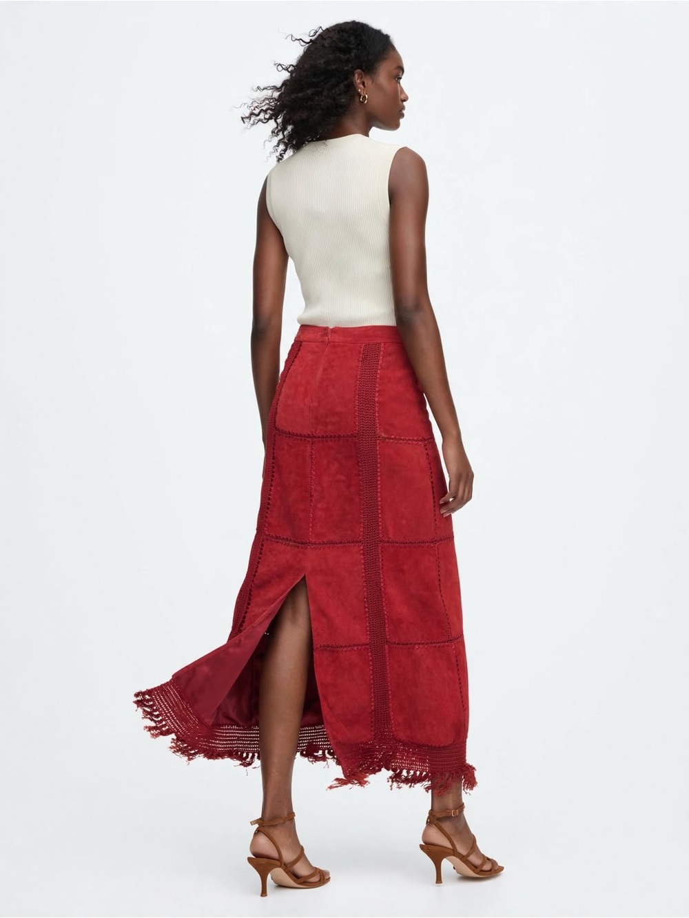 Vintage S.M.H. Leather Suede Maxi Skirt 14 Cranberry Red Crochet Fringe Tall
